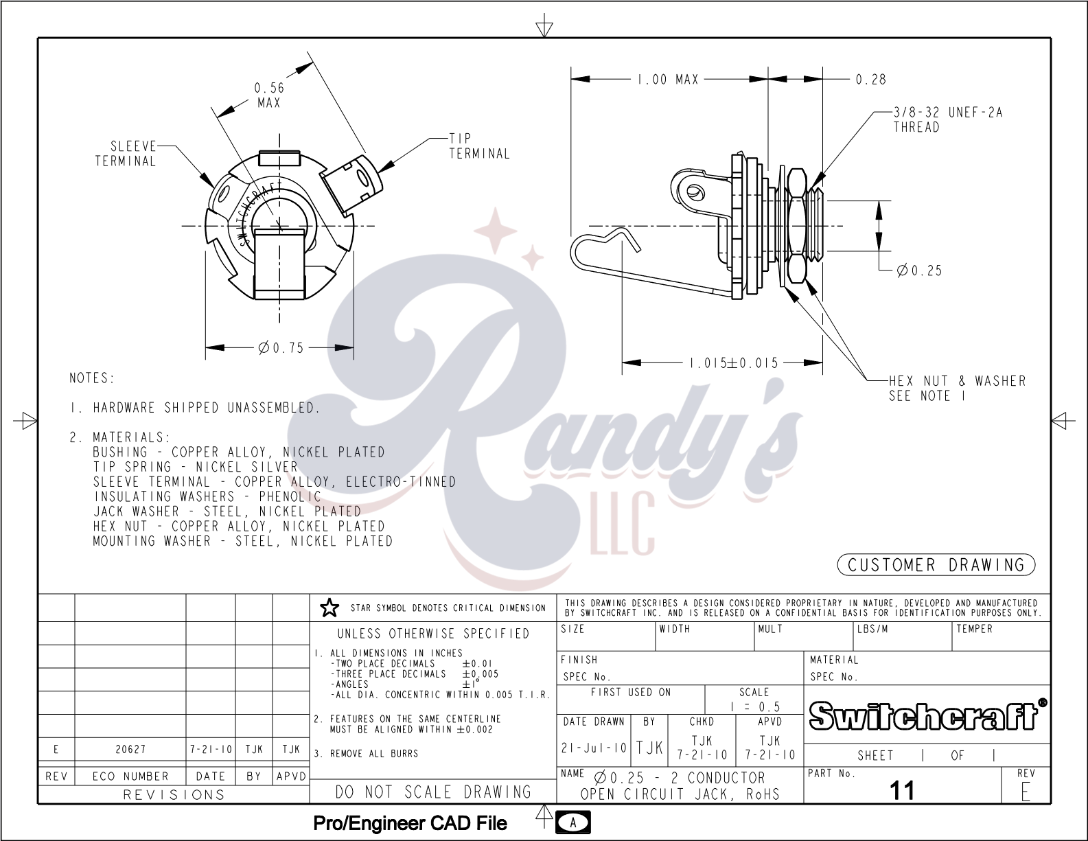Switchcraft ¼" #11 Input Jack (Mono) - Fits Gibson® - Randy's LLC