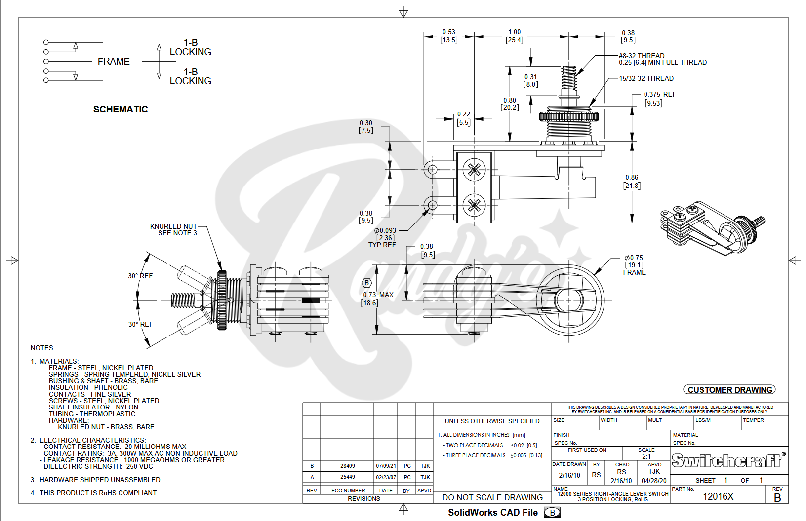 3-Way Sideways Toggle Switch (Right-Angle) - Fits Gibson® ES Hollowbody - Randy's LLC