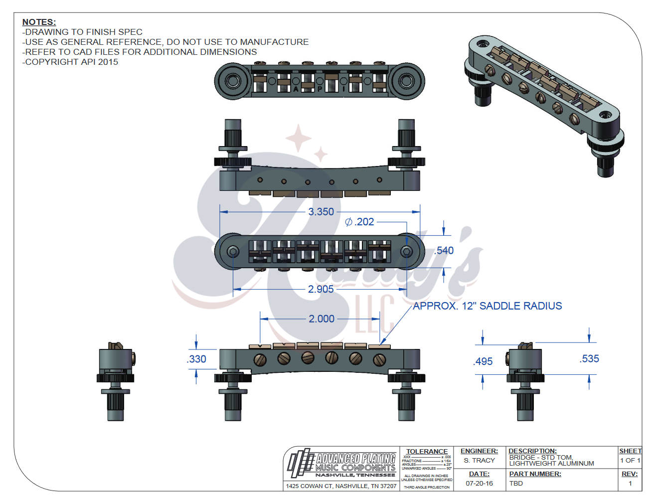 Advanced Plating | Nashville Tune-O-Matic TOM Bridge w/ Posts (Aluminum) - Fits Gibson® - Randy's LLC