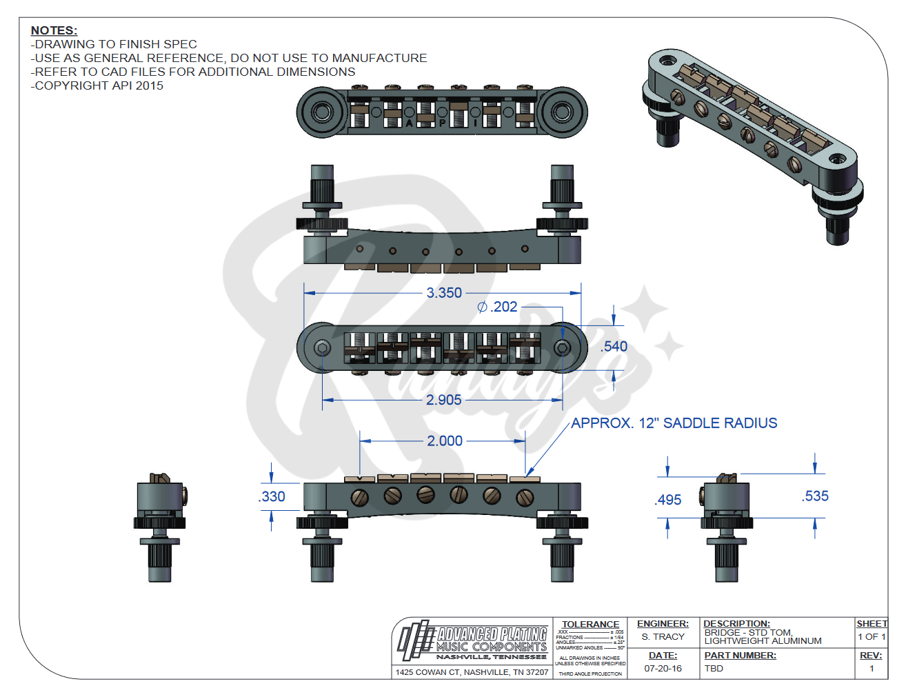 Nashville Tune-O-Matic TOM Bridge (Aluminum) - Fits Gibson® - Randy's LLC