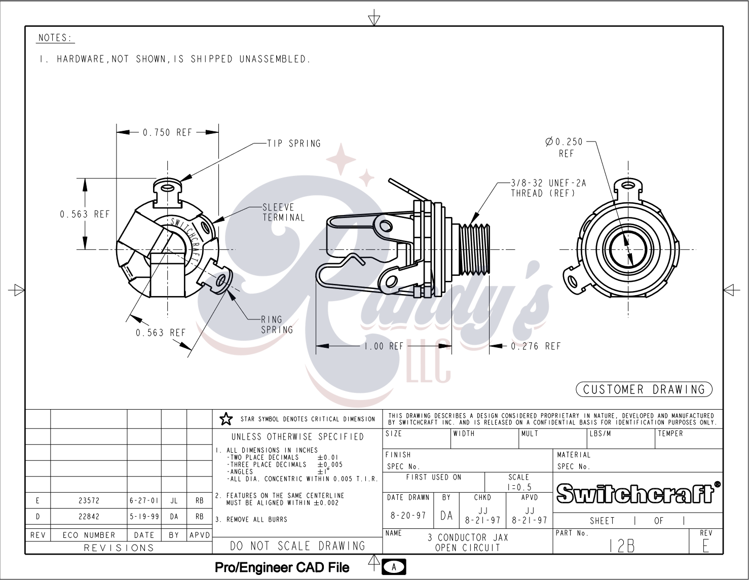 Switchcraft ¼" Input Jack #12B (Stereo) - Fits Gibson® - Randy's LLC
