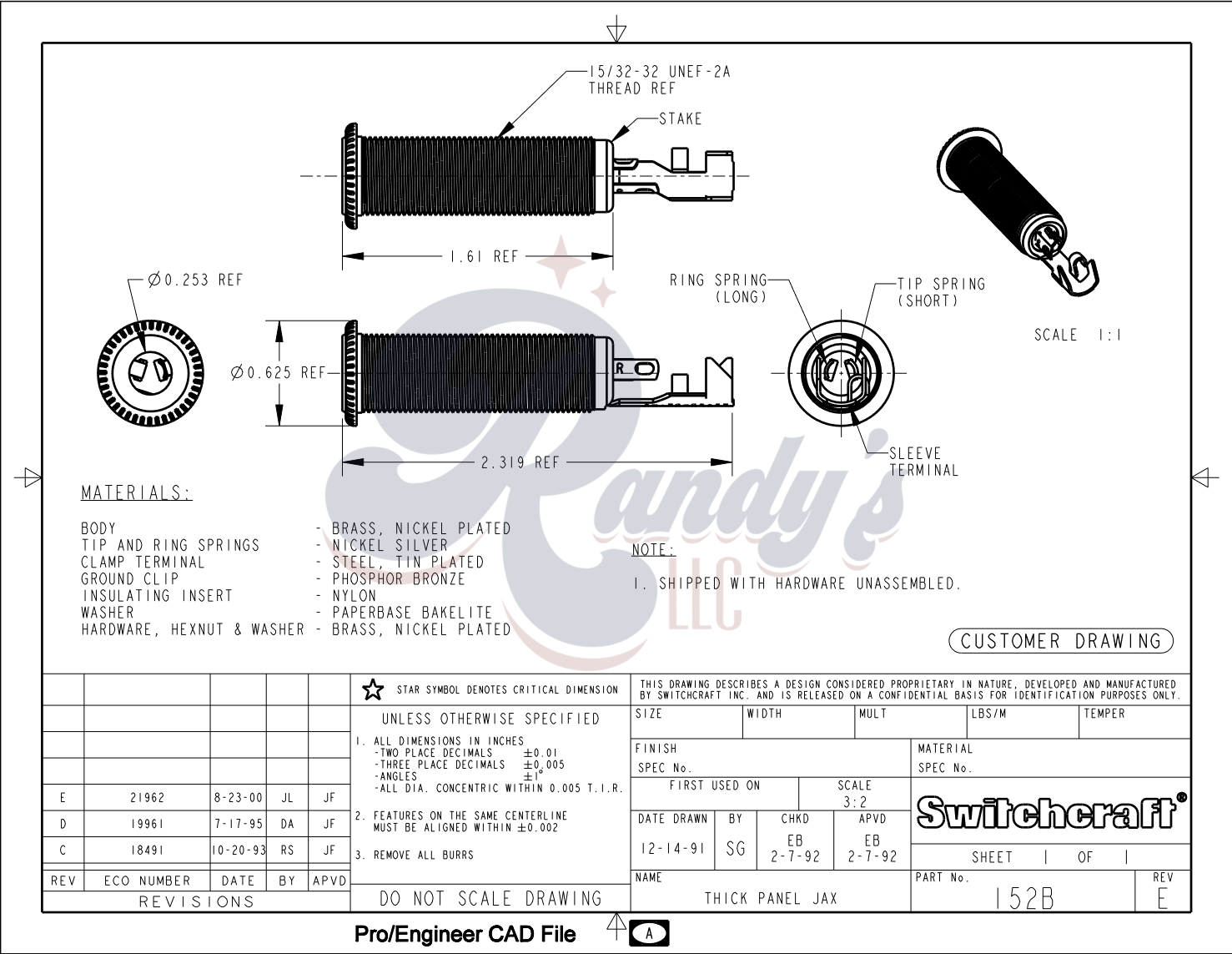 Switchcraft ¼" Input Jack - Thick Panel (Stereo) - Fits Gibson® - Randy's LLC