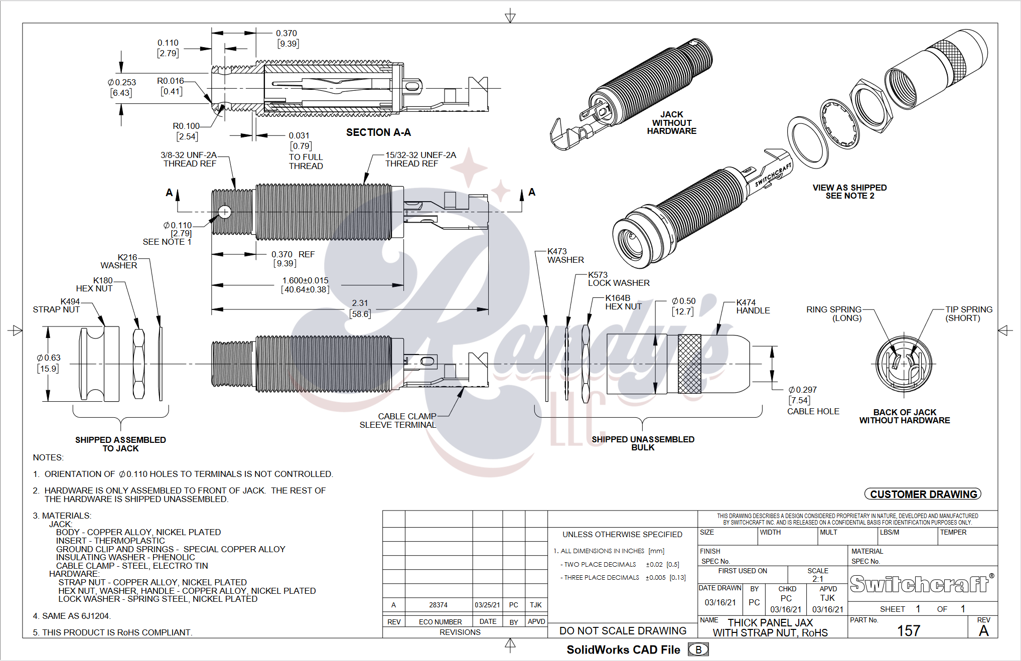 Switchcraft ¼" Input Jack - Thick Panel Mount w/ Strap Button (Stereo) - Fits Gibson® Acoustic - Randy's LLC