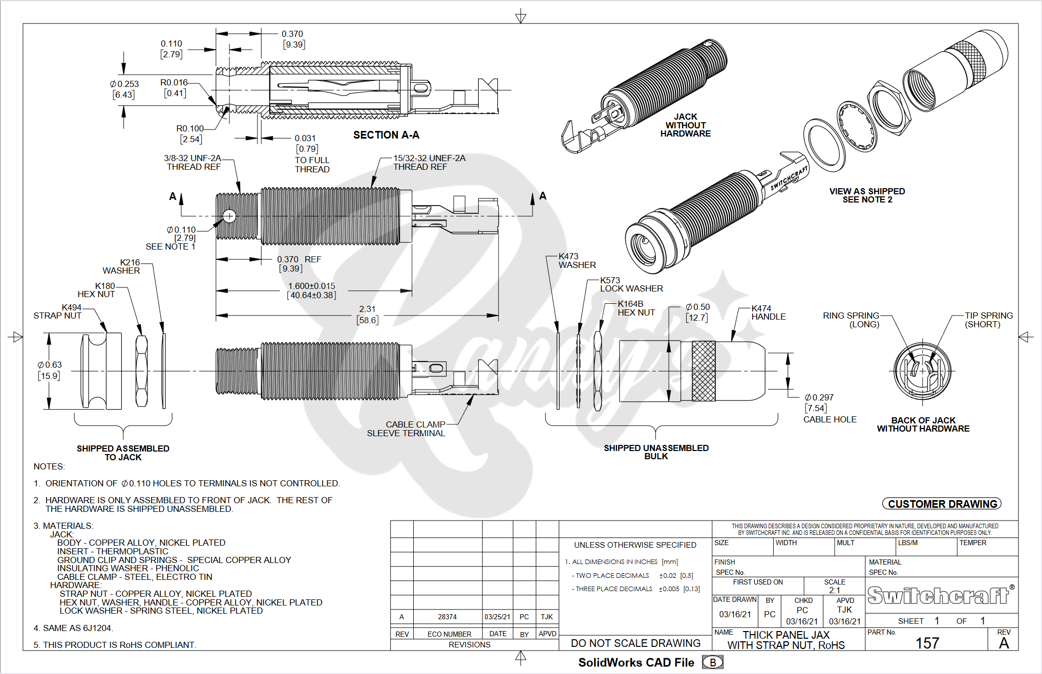 ¼" Acoustic End Pin Input Jack (Stereo) for Gibson® Acoustic Guitars - Randy's LLC