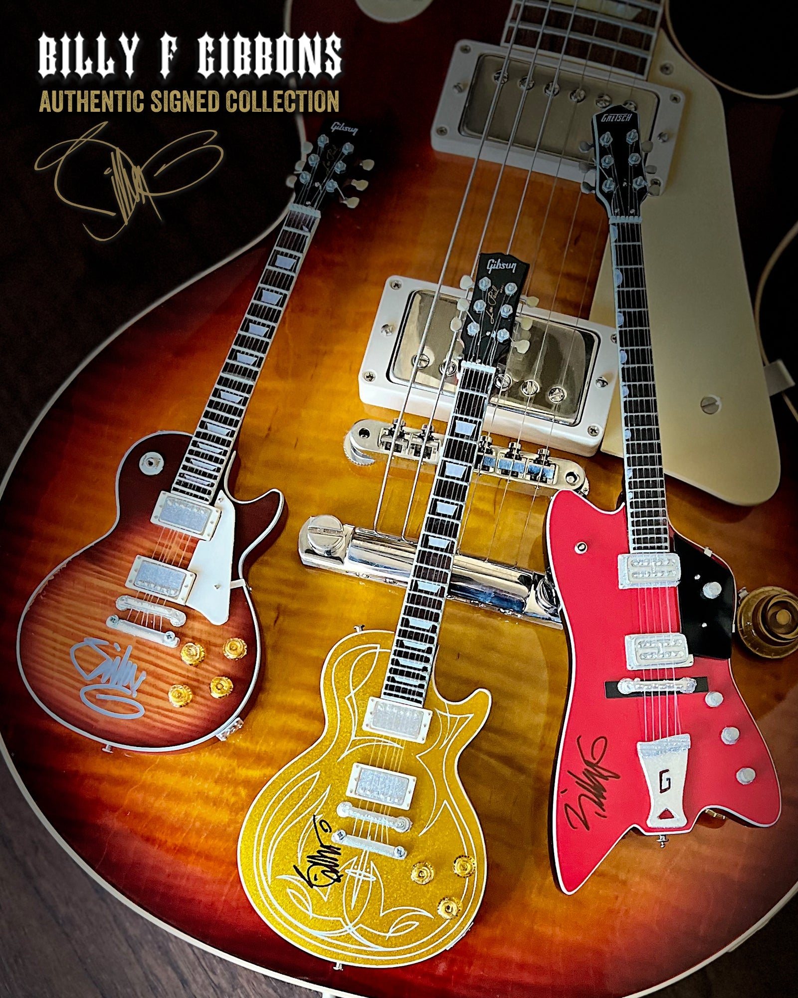 Billy F Gibbons AUTOGRAPHED COLLECTION Signature 1:4 Scale Mini Guitar Models - 1ST EDITION 2023 - Randy's LLC