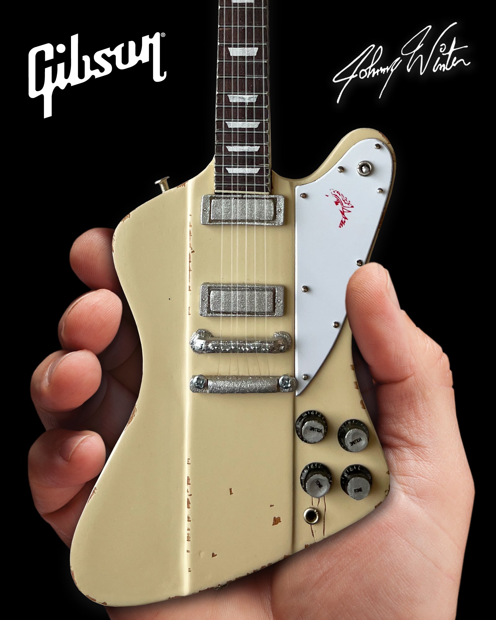 Johnny Winter 1964 Gibson Firebird V Polaris White 1.4 Scale Mini Guitar - Vintage & Distressed - Randy's LLC
