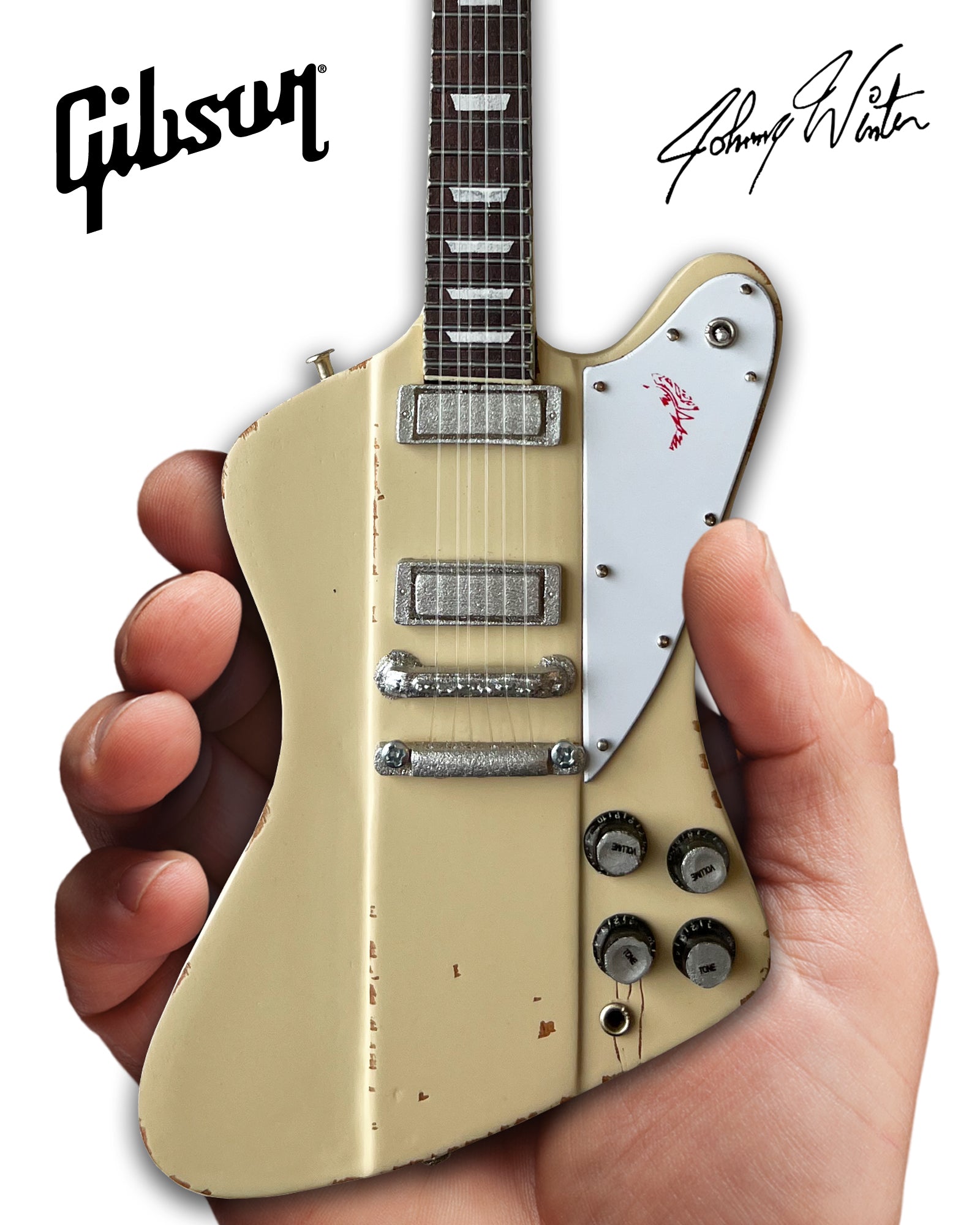 Johnny Winter 1964 Gibson Firebird V Polaris White 1.4 Scale Mini Guitar - Vintage & Distressed - Randy's LLC