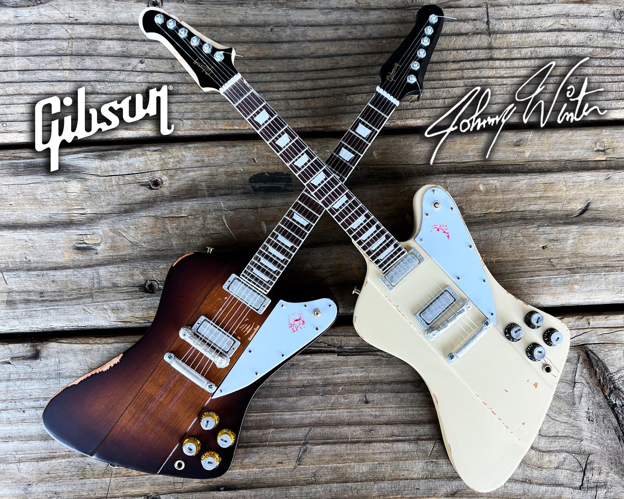 Johnny Winter Signature Gibson Firebird SET OF 2 Mini Guitar Models - Polaris & Sunburst - Randy's LLC