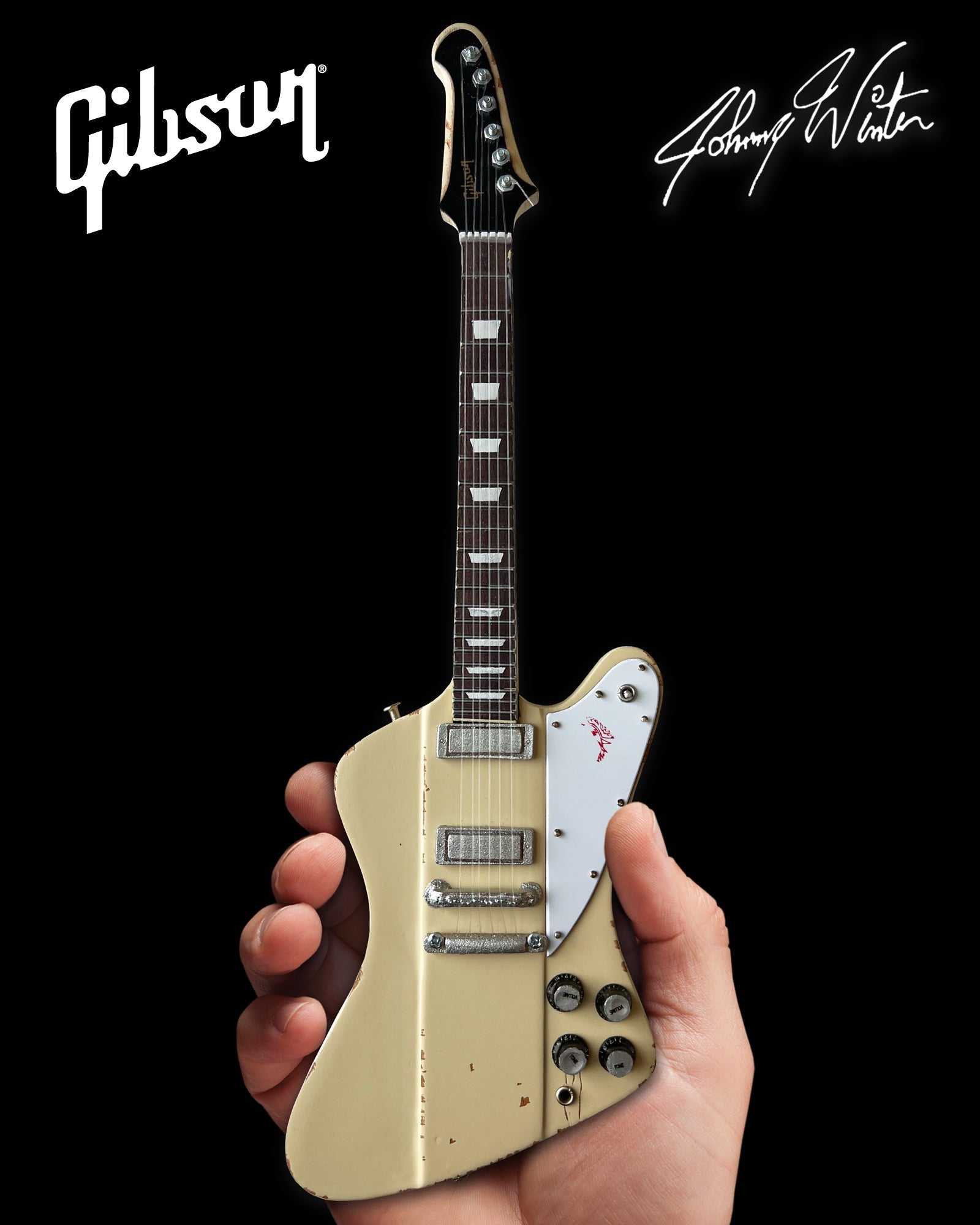 Johnny Winter 1964 Gibson Firebird V Polaris White 1.4 Scale Mini Guitar - Vintage & Distressed - Randy's LLC