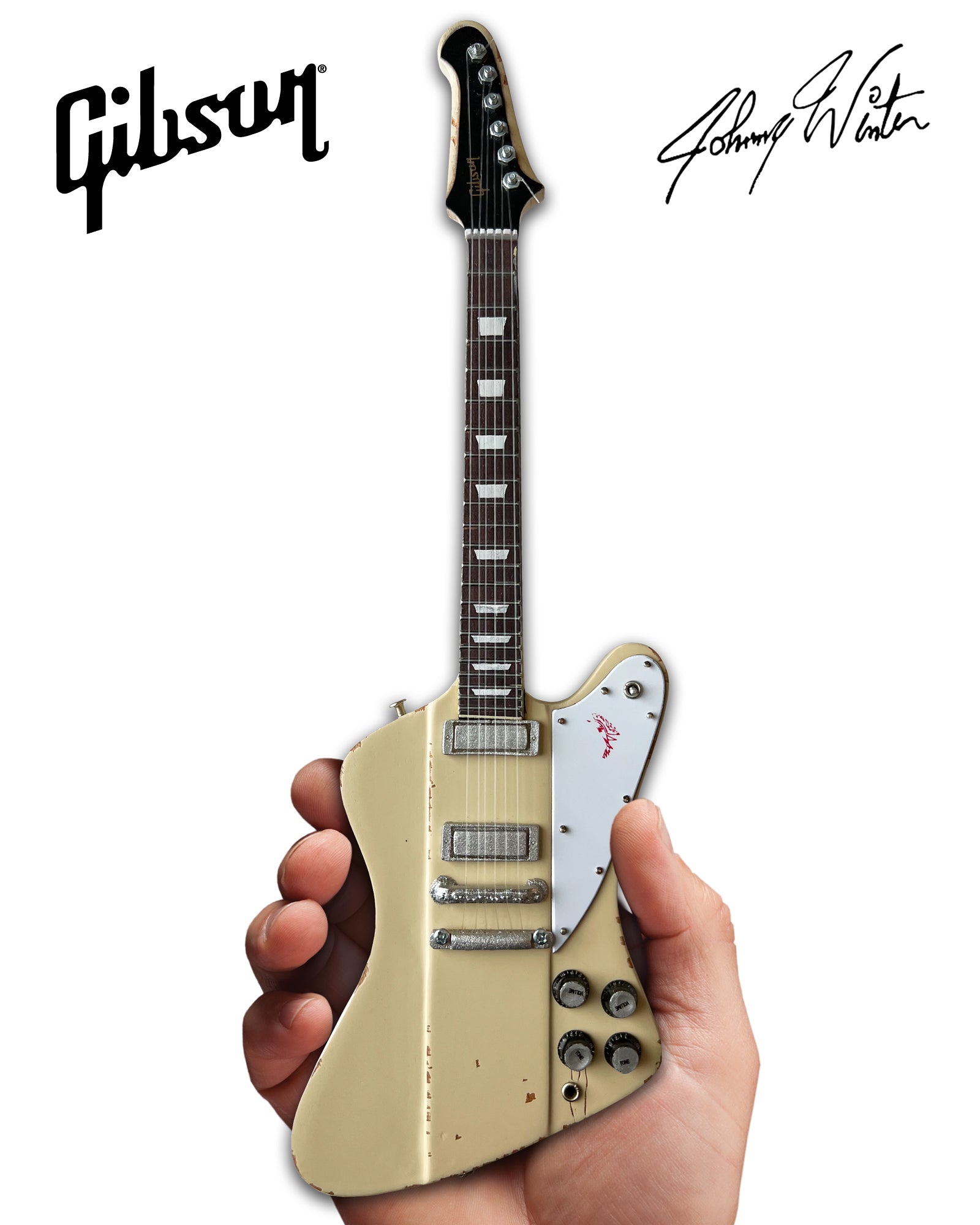 Johnny Winter 1964 Gibson Firebird V Polaris White 1.4 Scale Mini Guitar - Vintage & Distressed - Randy's LLC