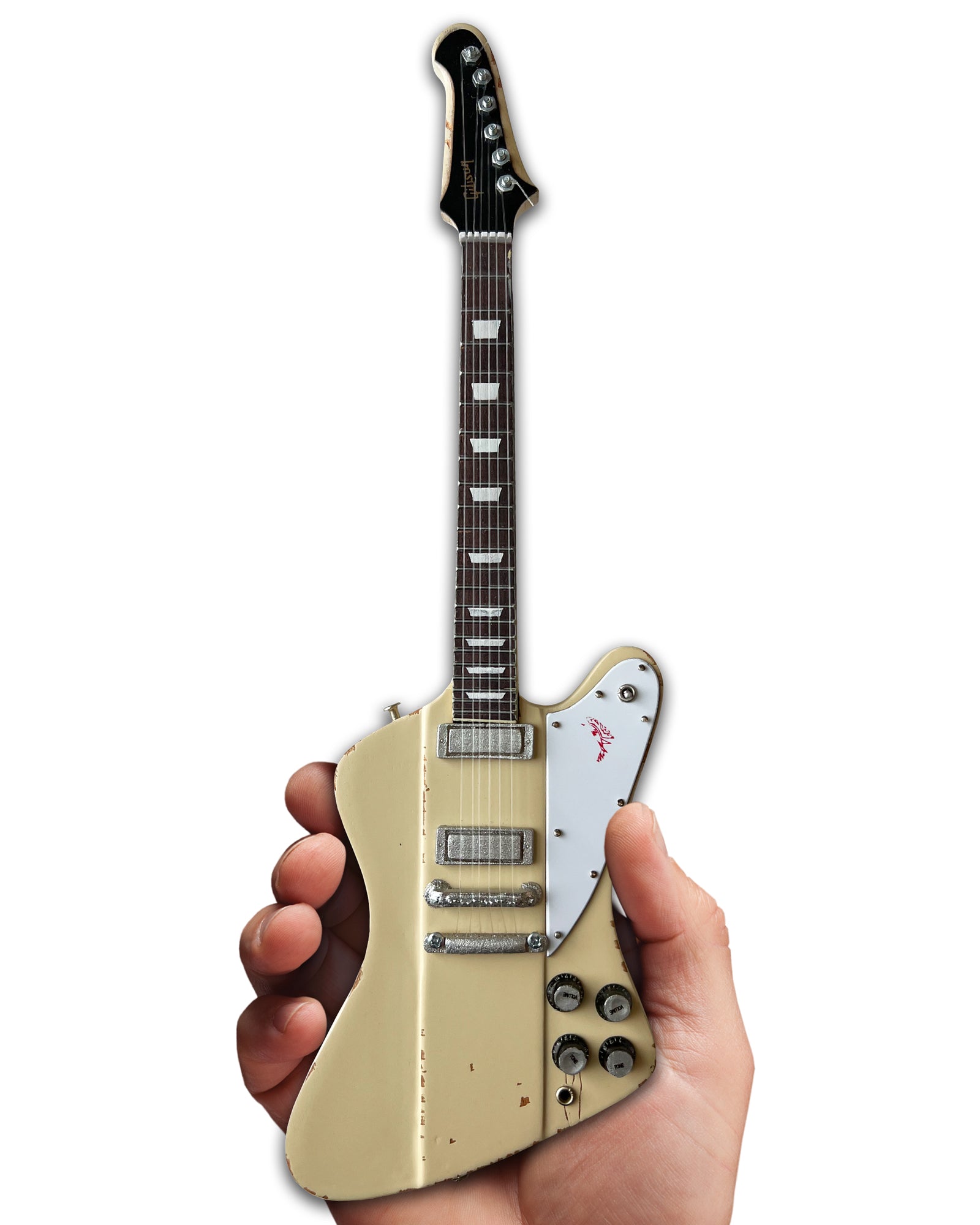 Johnny Winter 1964 Gibson Firebird V Polaris White 1.4 Scale Mini Guitar - Vintage & Distressed - Randy's LLC