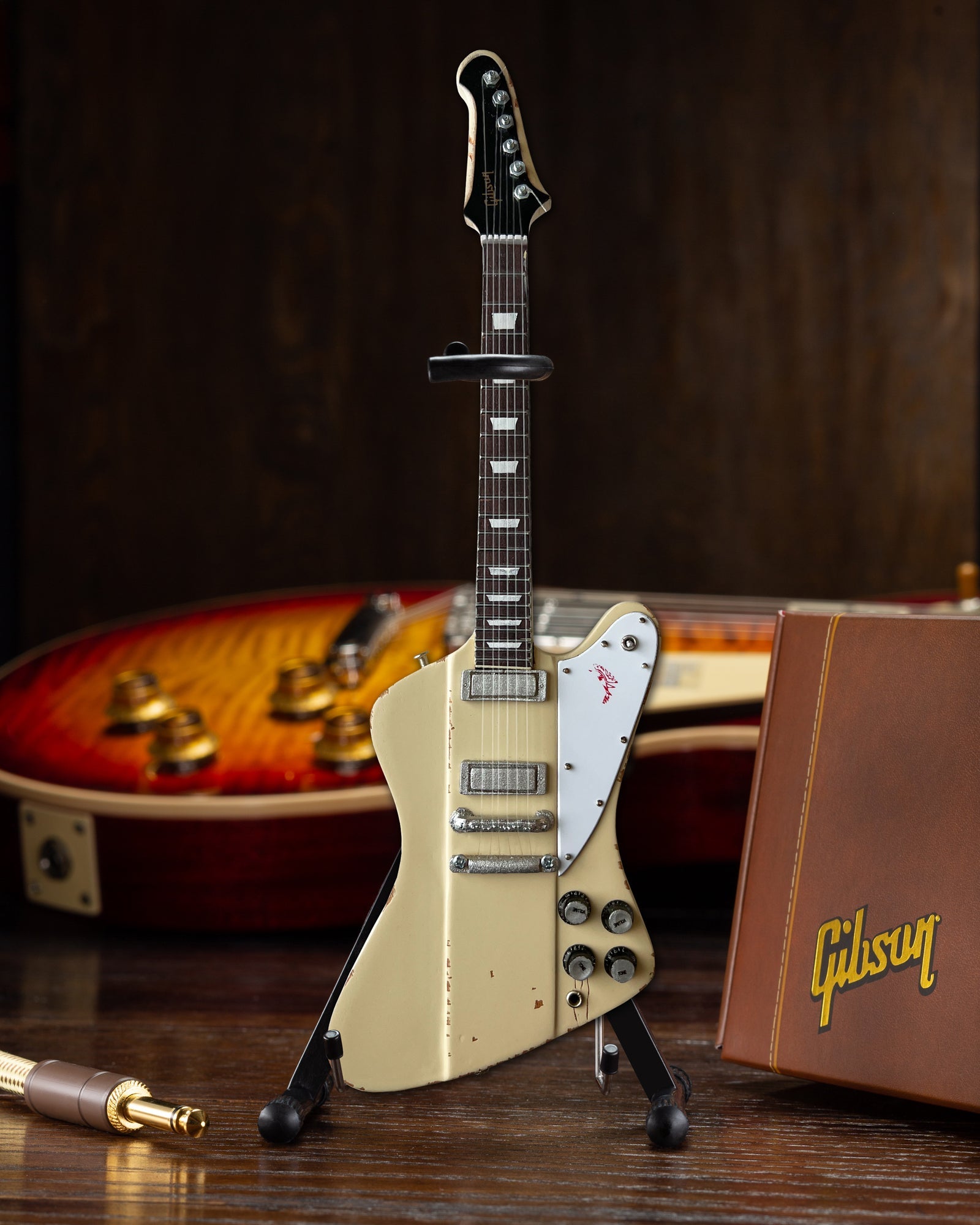 Johnny Winter 1964 Gibson Firebird V Polaris White 1.4 Scale Mini Guitar - Vintage & Distressed - Randy's LLC