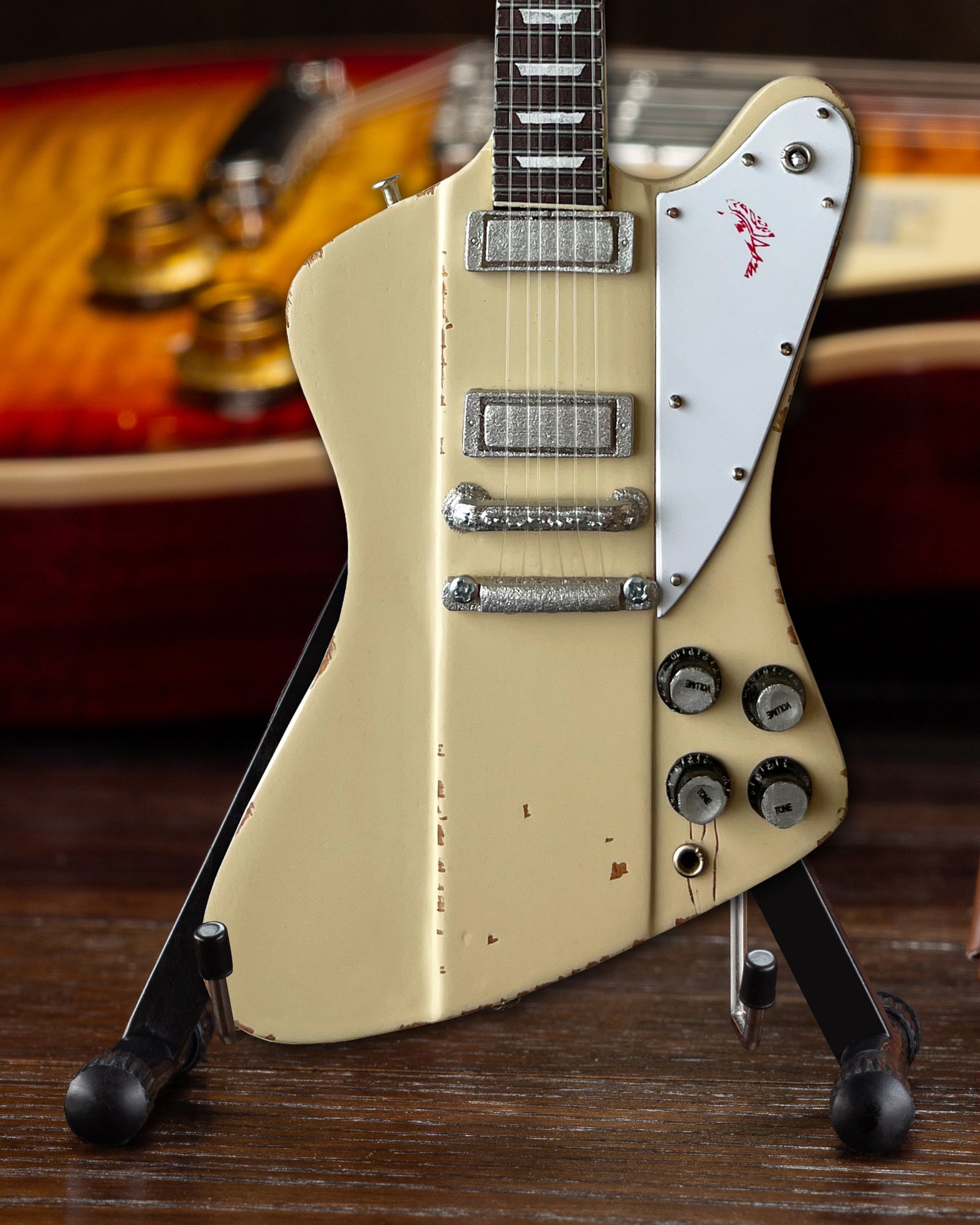 Johnny Winter 1964 Gibson Firebird V Polaris White 1.4 Scale Mini Guitar - Vintage & Distressed - Randy's LLC