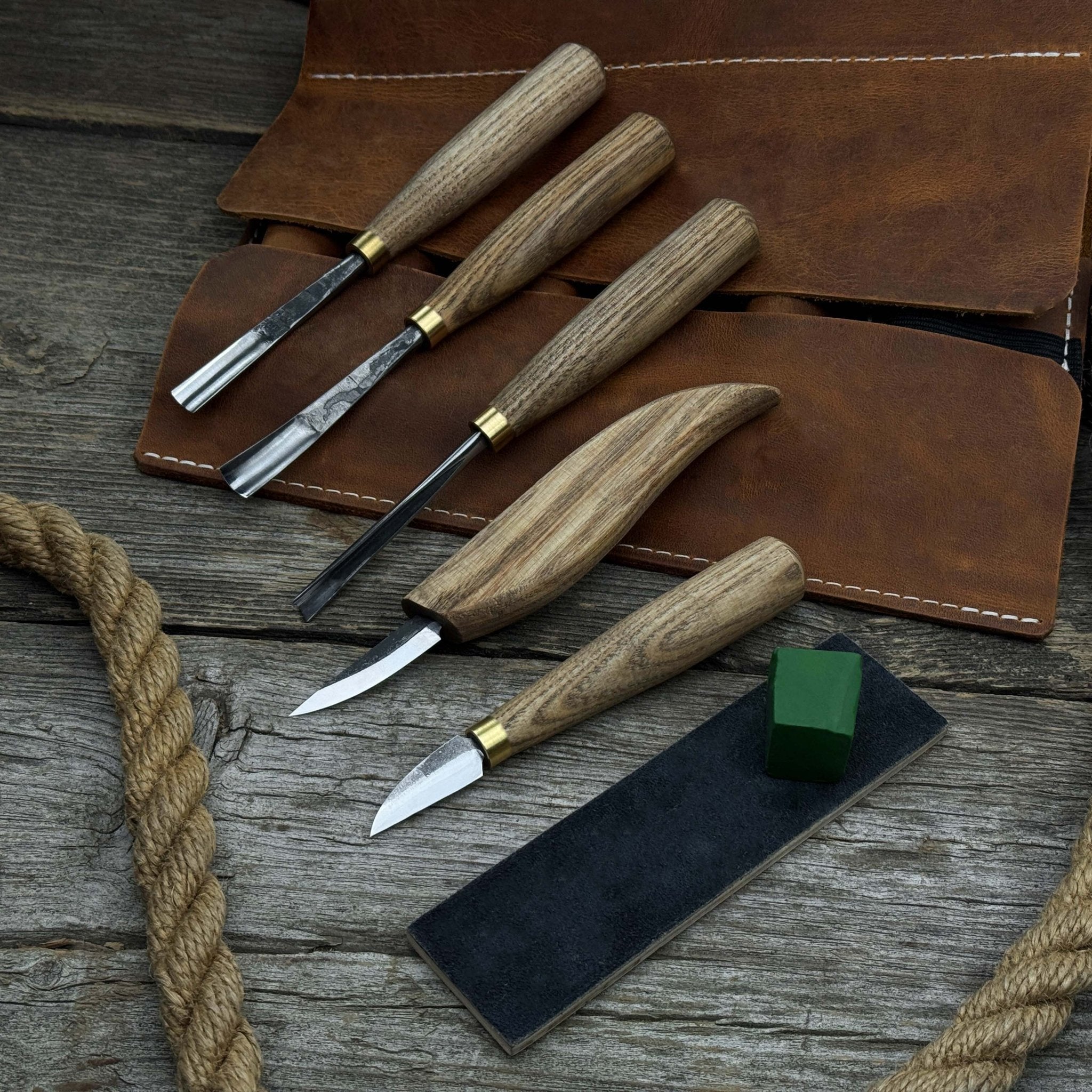 5-Piece Wood Carving Tool Set with Sharpening Board & Leather Case - Randy's LLC