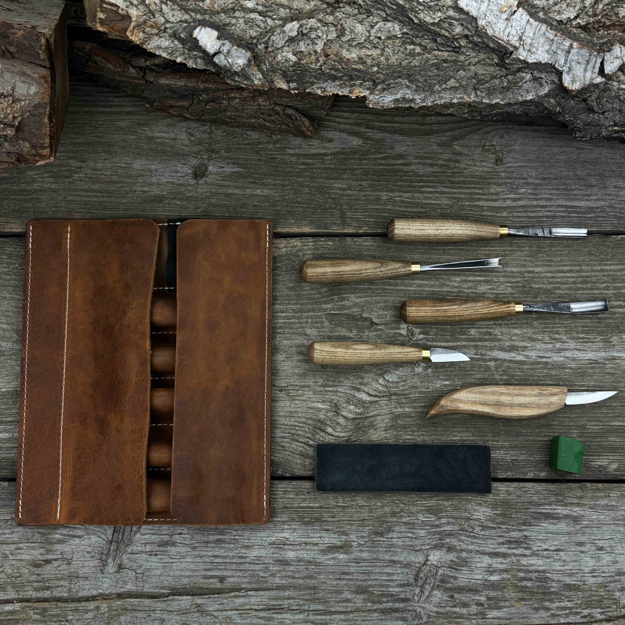 5-Piece Wood Carving Tool Set with Sharpening Board & Leather Case - Randy's LLC