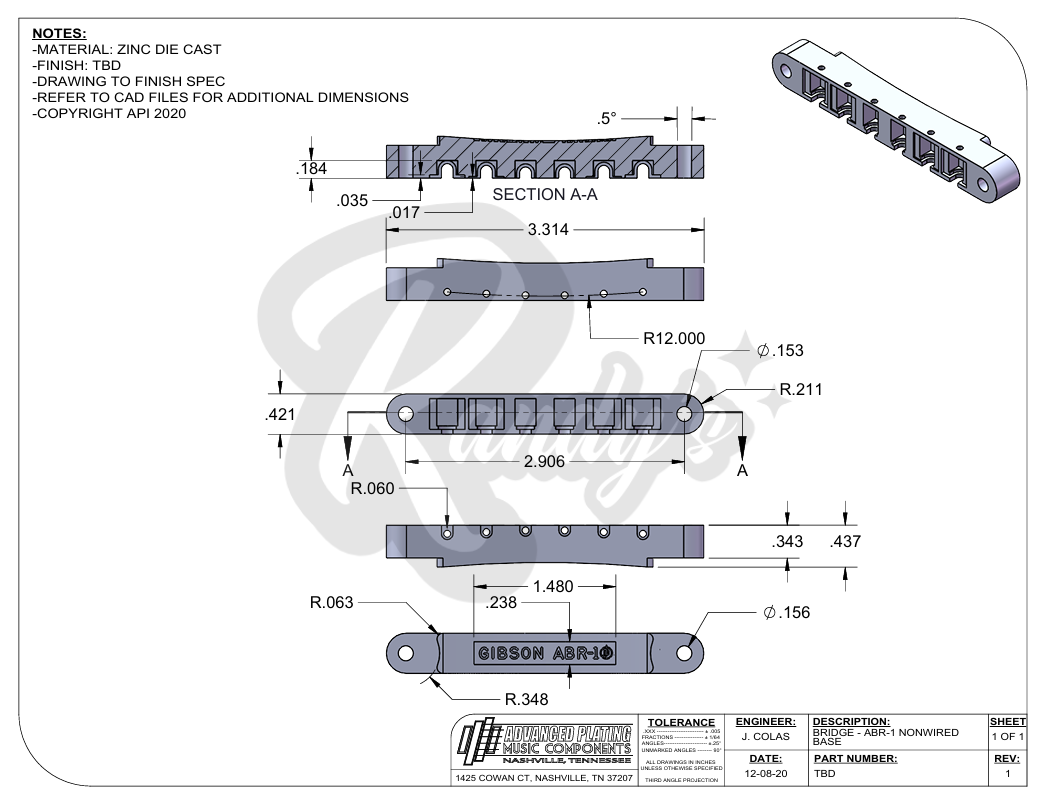 ABR-1 Bridge w/ Plated Brass Saddles - Fits Gibson® - Randy's LLC
