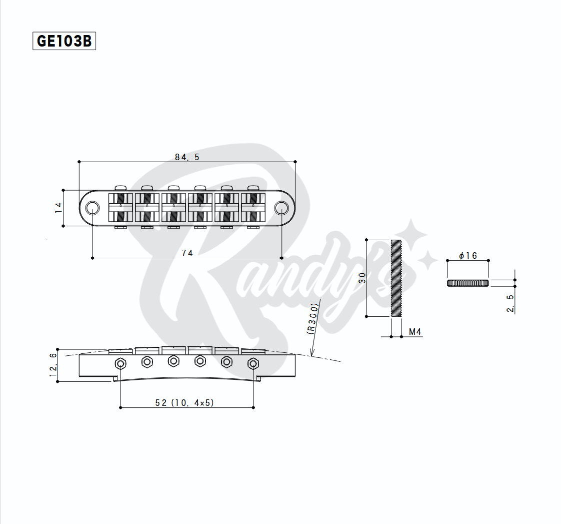 GE103B Nashville Tune-O-Matic Bridge w/ M4 Posts - Fits Gibson® - Randy's LLC