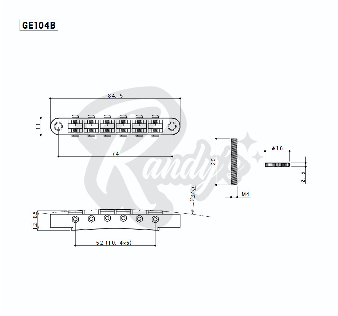 GE104B Nashville Tune-O-Matic Bridge w/ M4 Posts - Fits Gibson® - Randy's LLC