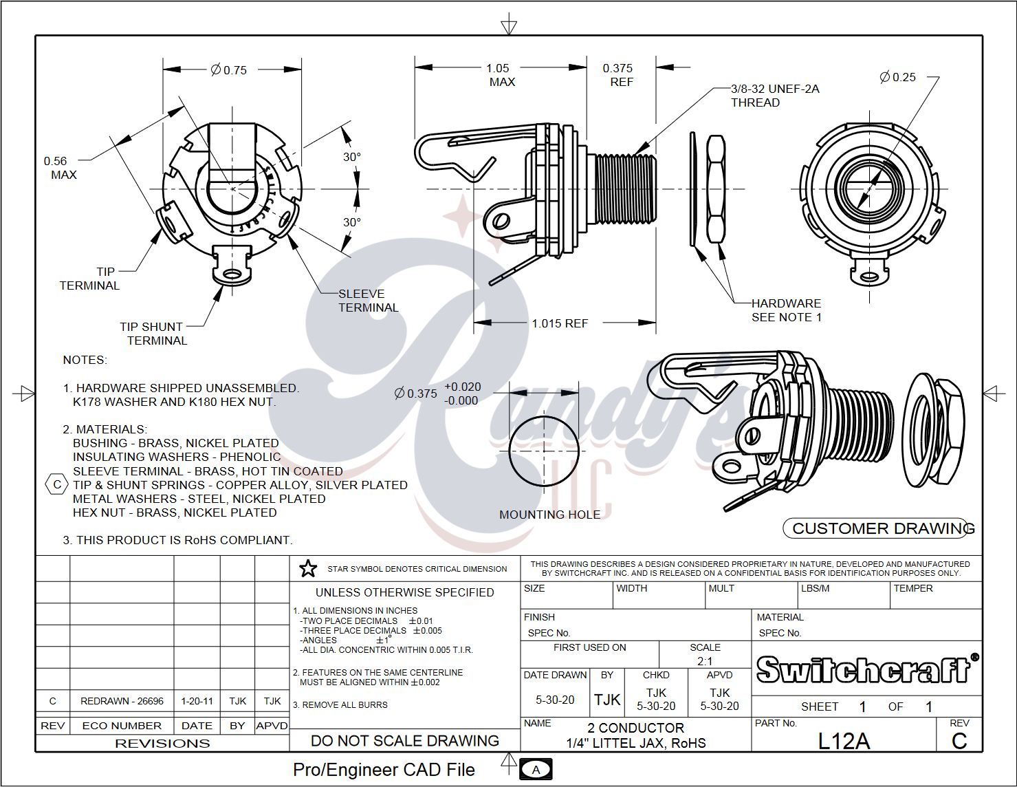 Switchcraft ¼" Input Jack #L11 (Mono) Long - Fits Gibson® - Randy's LLC