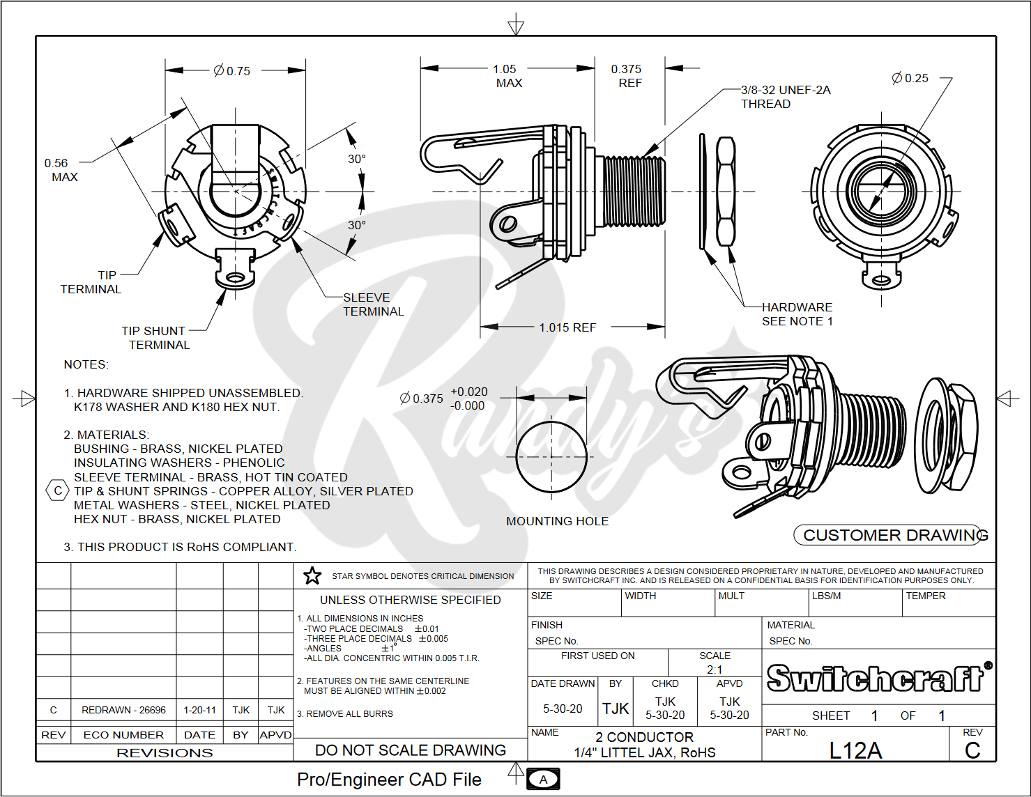 ¼" Input Jack #L12B (Stereo) Long - Fits Gibson® - Randy's LLC