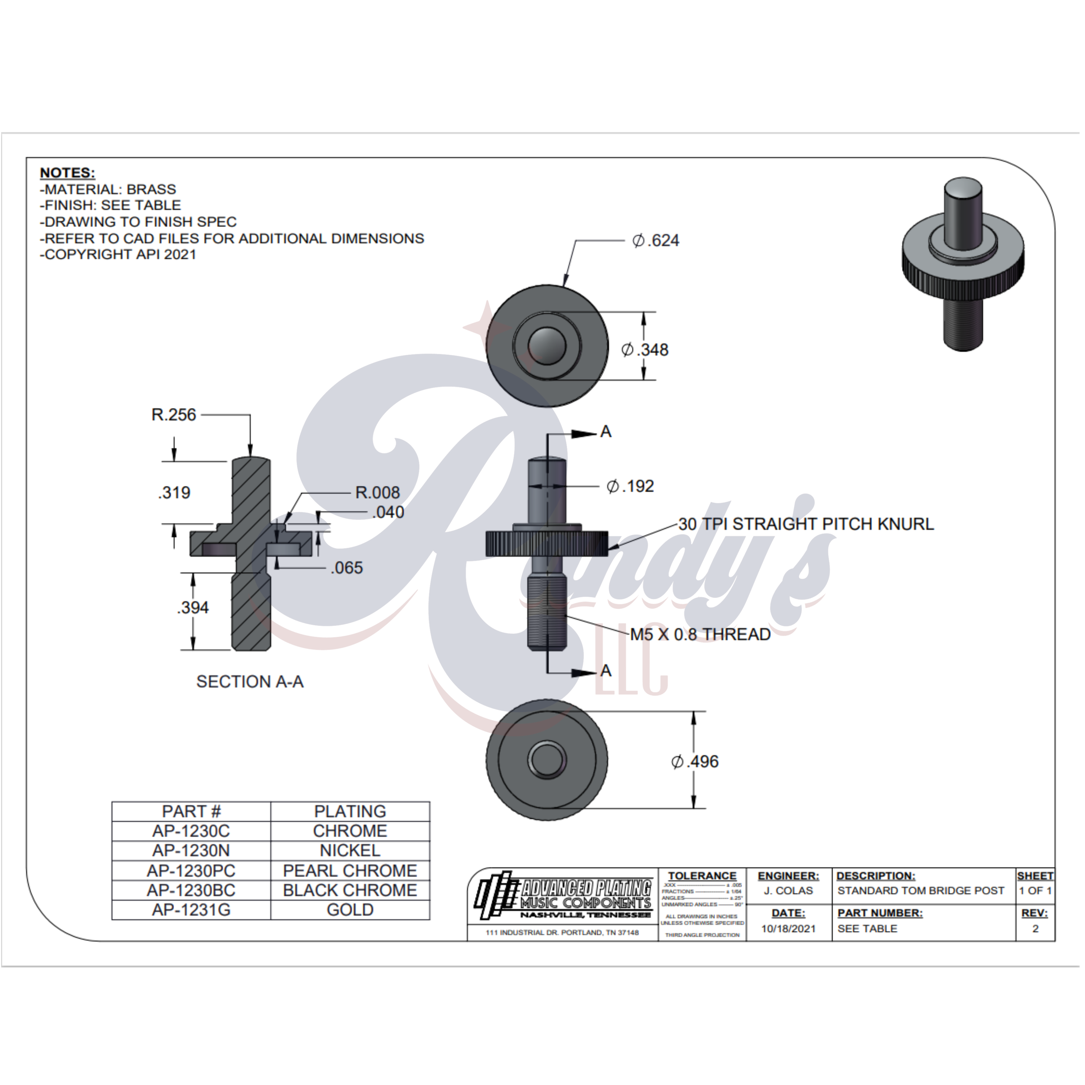 (Contemporary Series) Nashville Tune-O-Matic Bridge Posts w/ Hex - Fits Gibson® CLOSEOUT - Randy's LLC