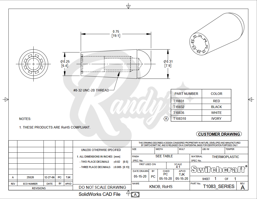 3-Way Toggle Switch Tip (Tall/Long) - Fits Gibson® - Randy's LLC