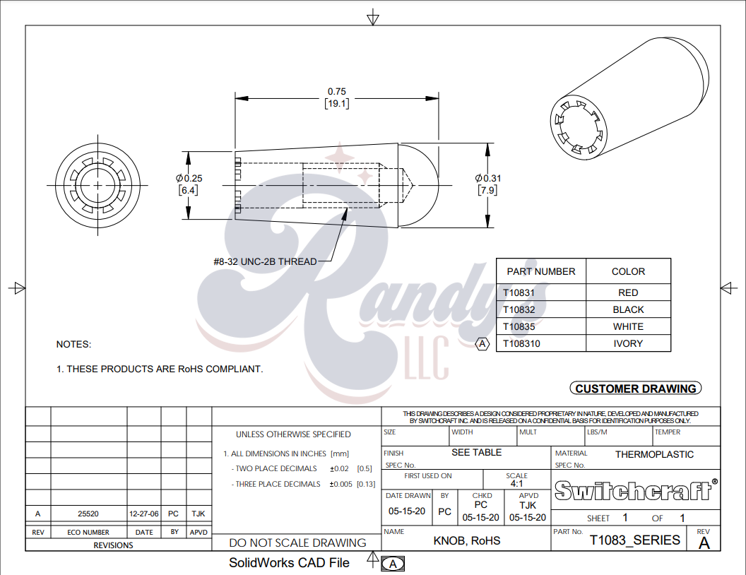 Switchcraft 3-Way Toggle Switch Tip (Tall/Long) - Fits Gibson® - Randy's LLC