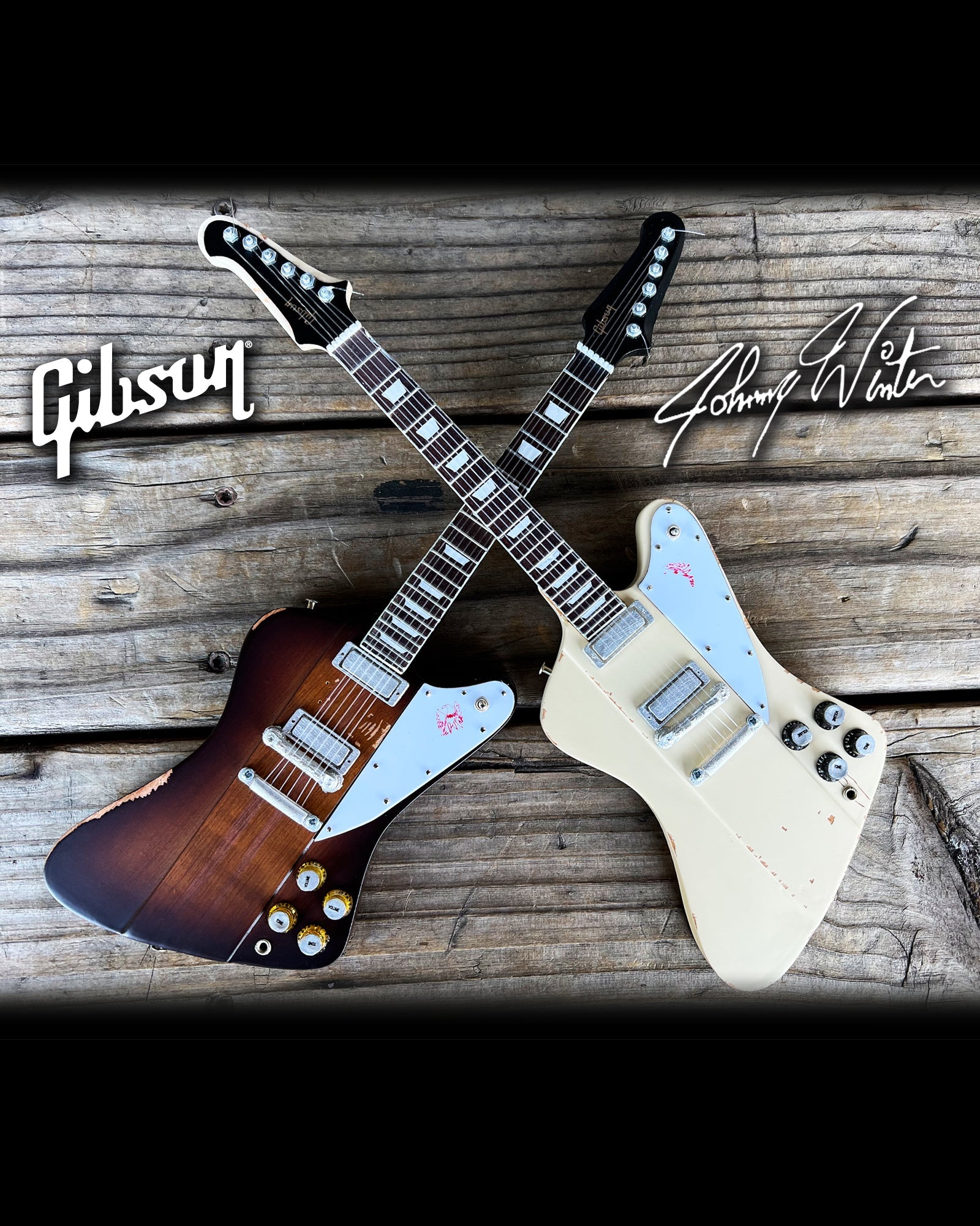 Johnny Winter Signature Gibson Firebird SET OF 2 Mini Guitar Models - Polaris & Sunburst - Randy's LLC