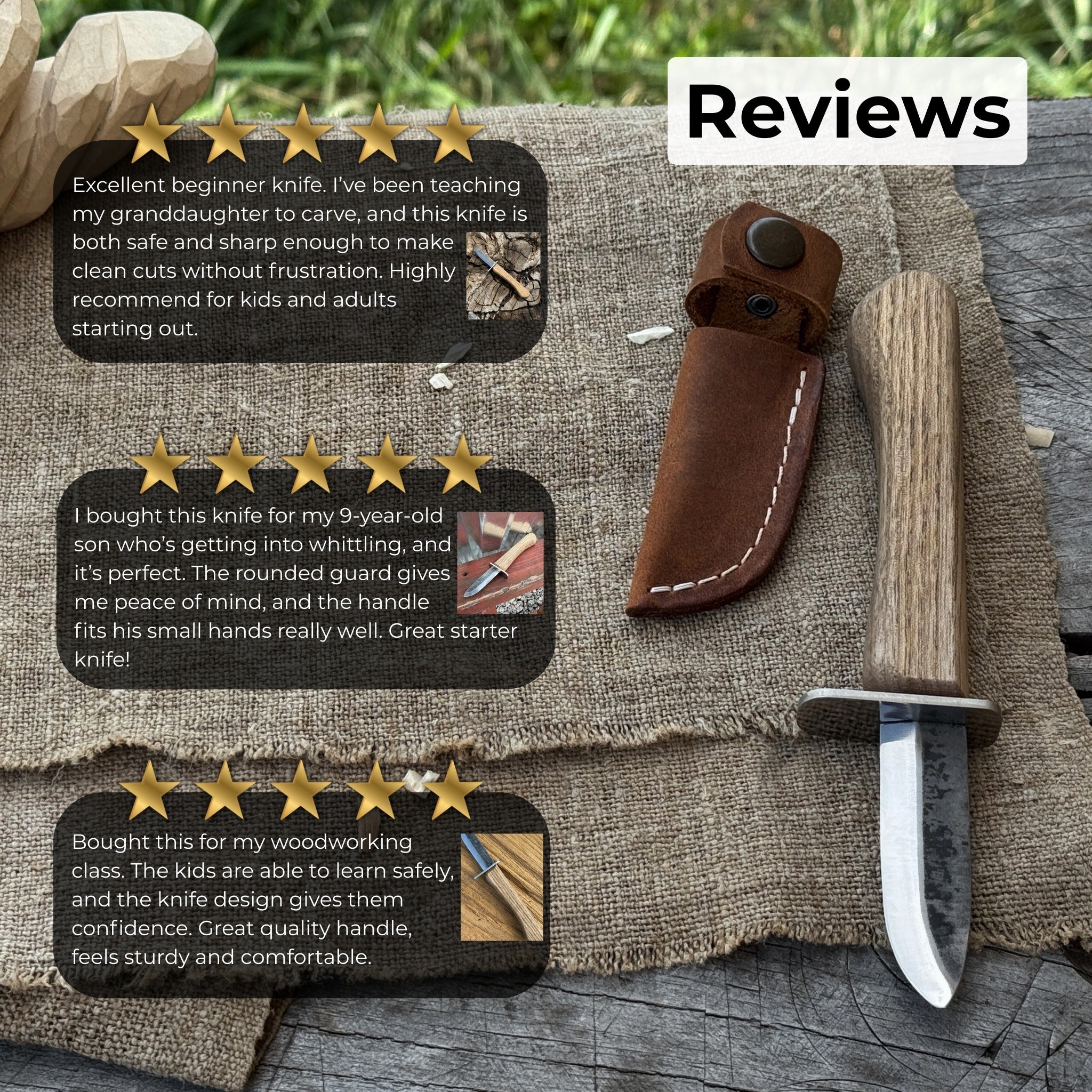 Beginner’s Woodcarving Knife with Leather Sheath, 6 cm (2.36 inches) - Randy's LLC