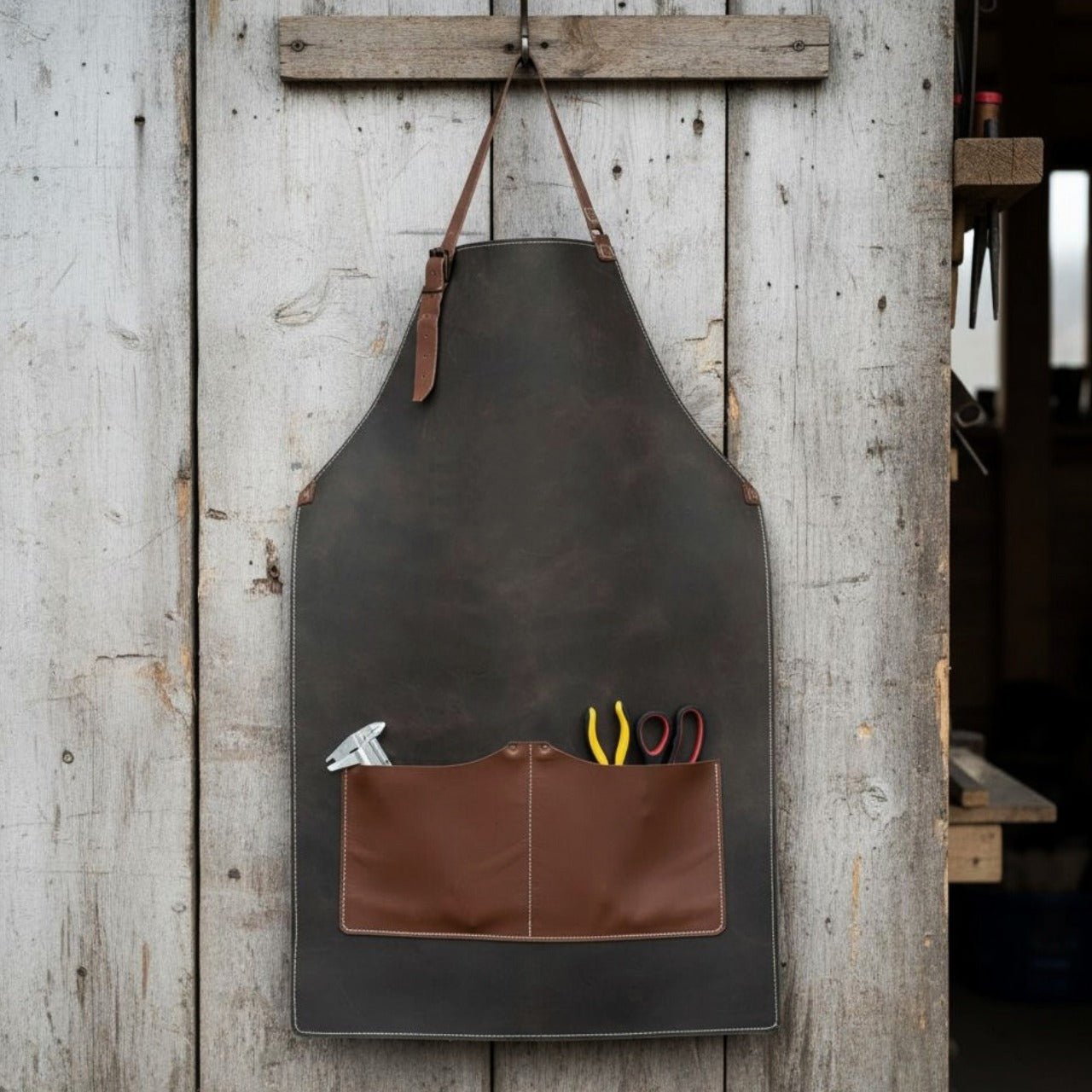 Black Leather Apron with Adjustable Straps and Pockets - Randy's LLC