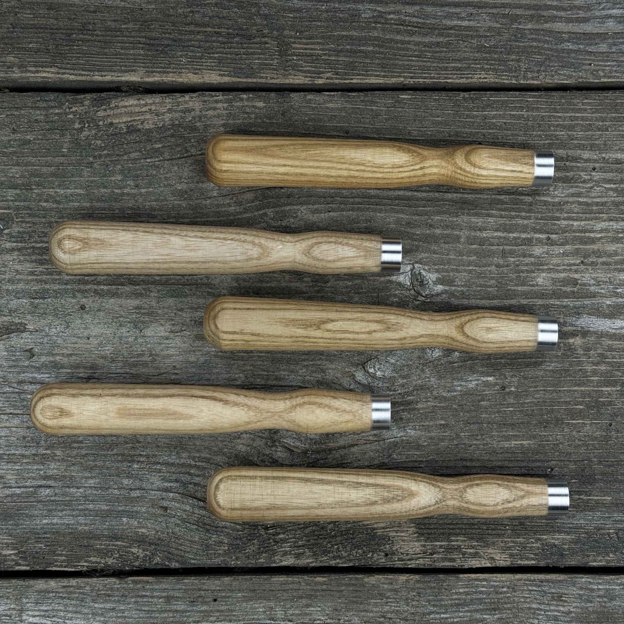 Set of 5 Ash Wood Handles for Chisels and Gouges with Aluminum Rings - Randy's LLC