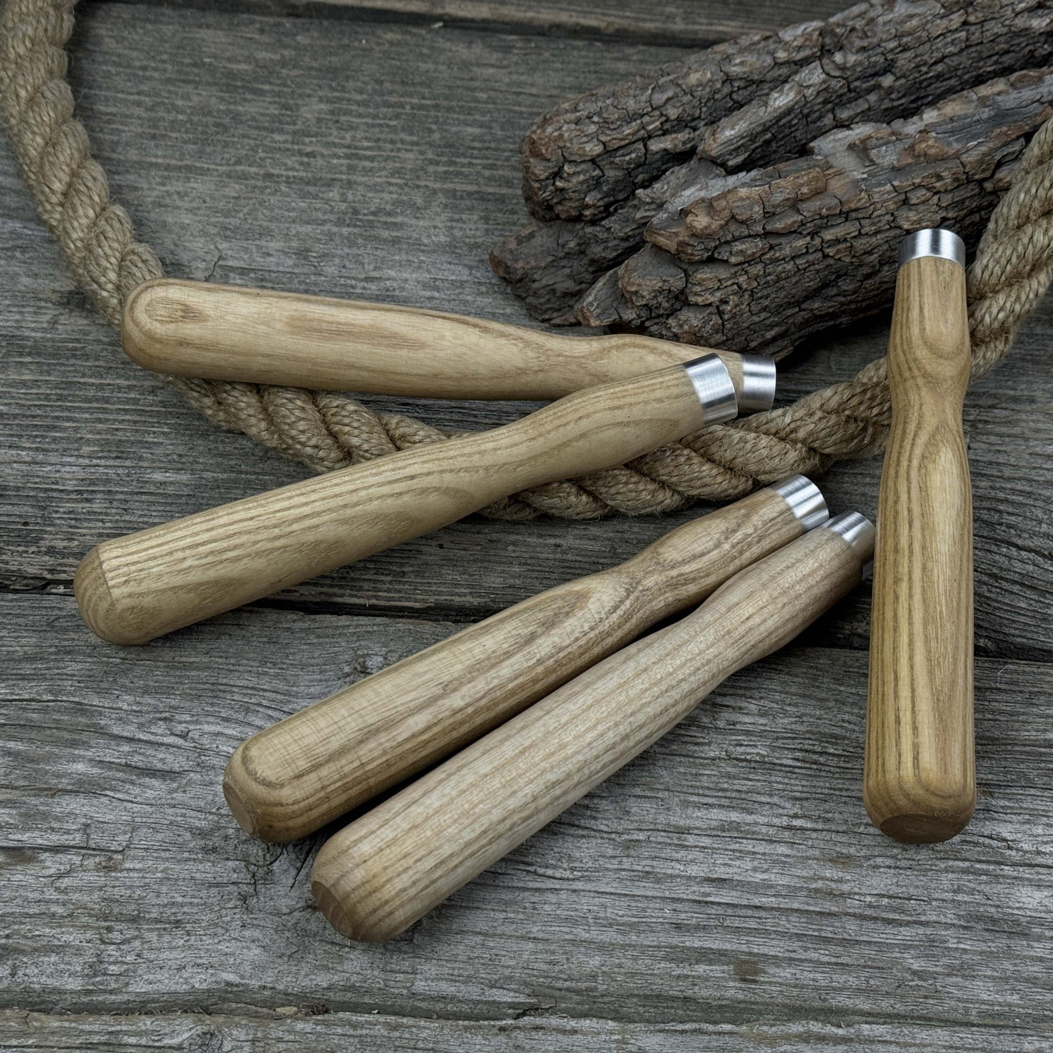 Set of 5 Ash Wood Handles for Chisels and Gouges with Aluminum Rings - Randy's LLC