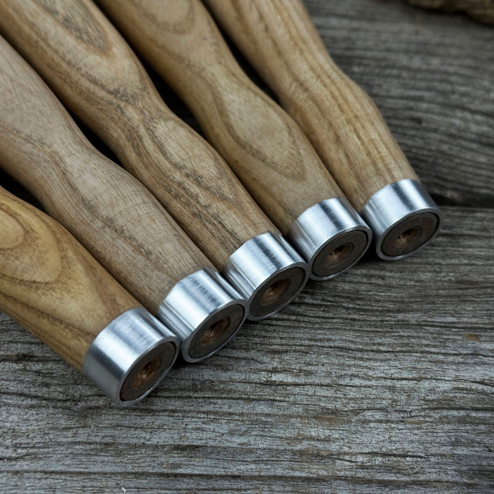 Set of 5 Ash Wood Handles for Chisels and Gouges with Aluminum Rings - Randy's LLC