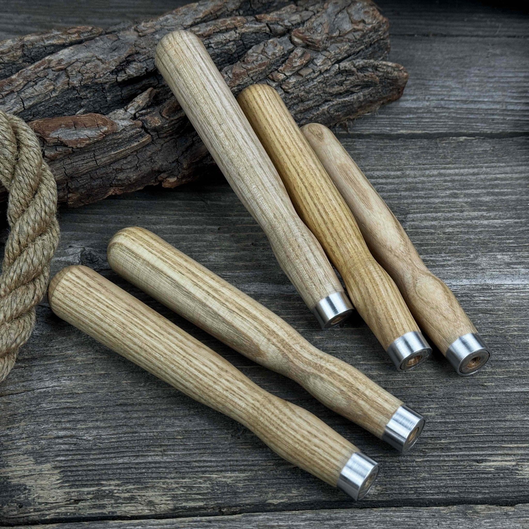 Set of 5 Ash Wood Handles for Chisels and Gouges with Aluminum Rings - Randy's LLC