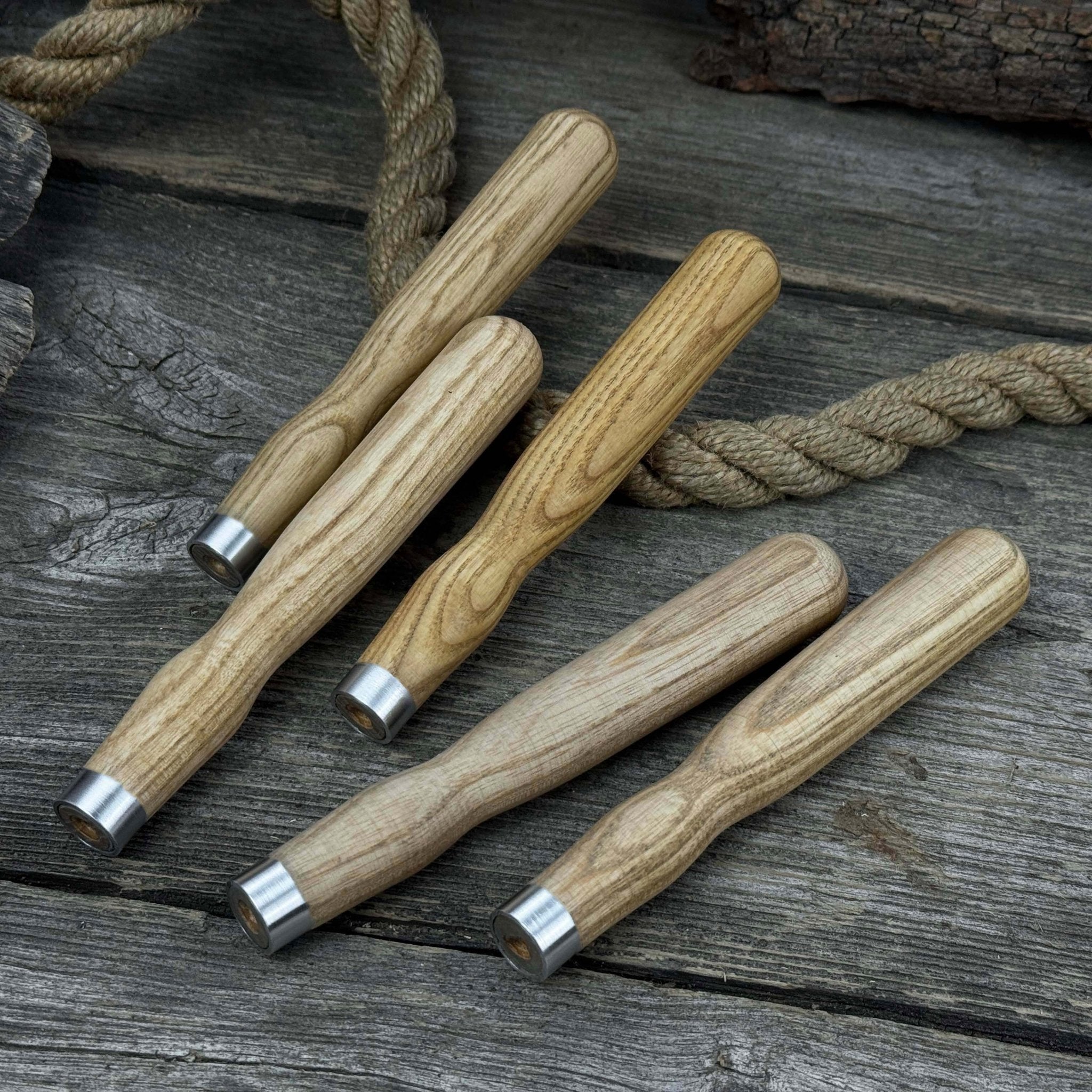 Set of 5 Ash Wood Handles for Chisels and Gouges with Aluminum Rings - Randy's LLC