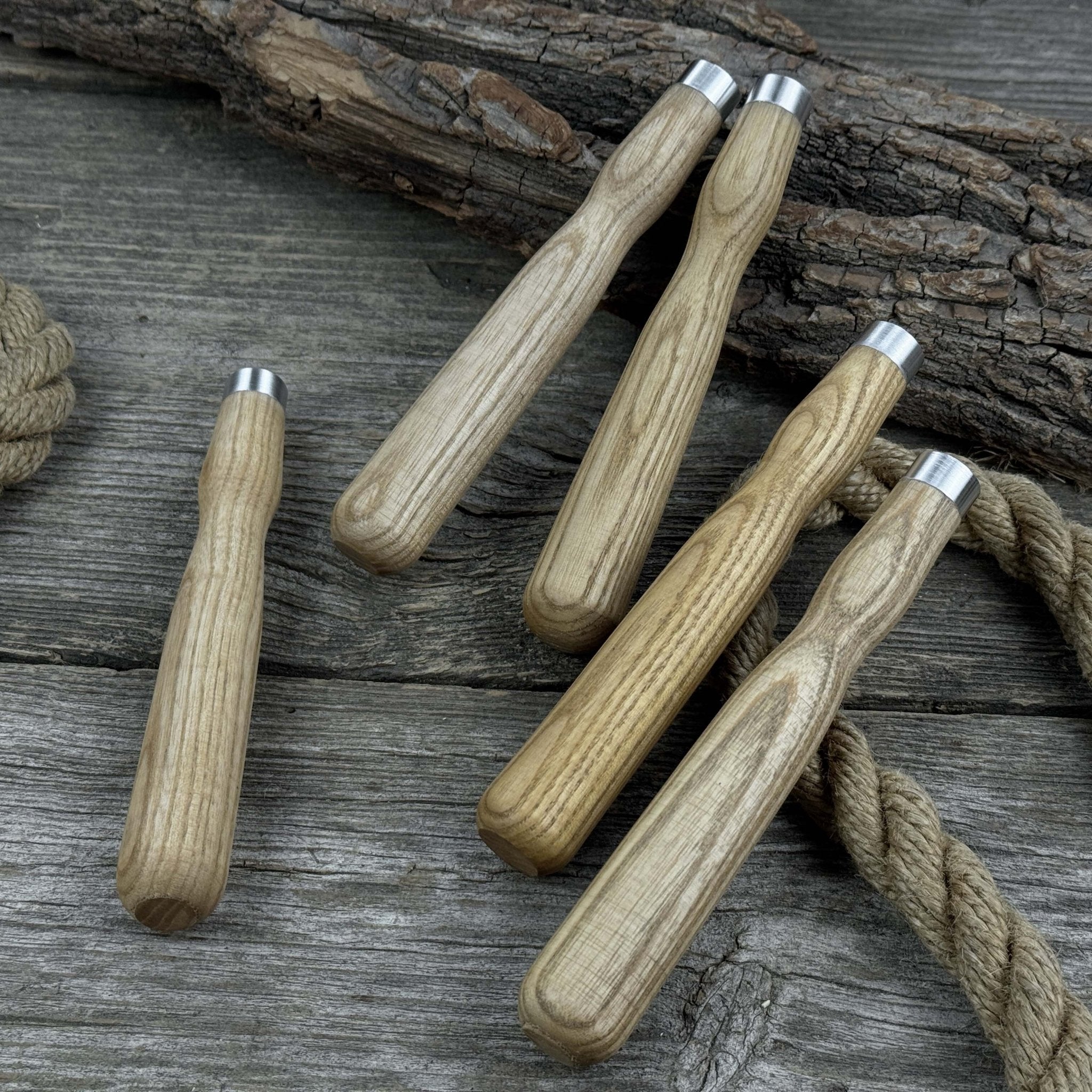 Set of 5 Ash Wood Handles for Chisels and Gouges with Aluminum Rings - Randy's LLC