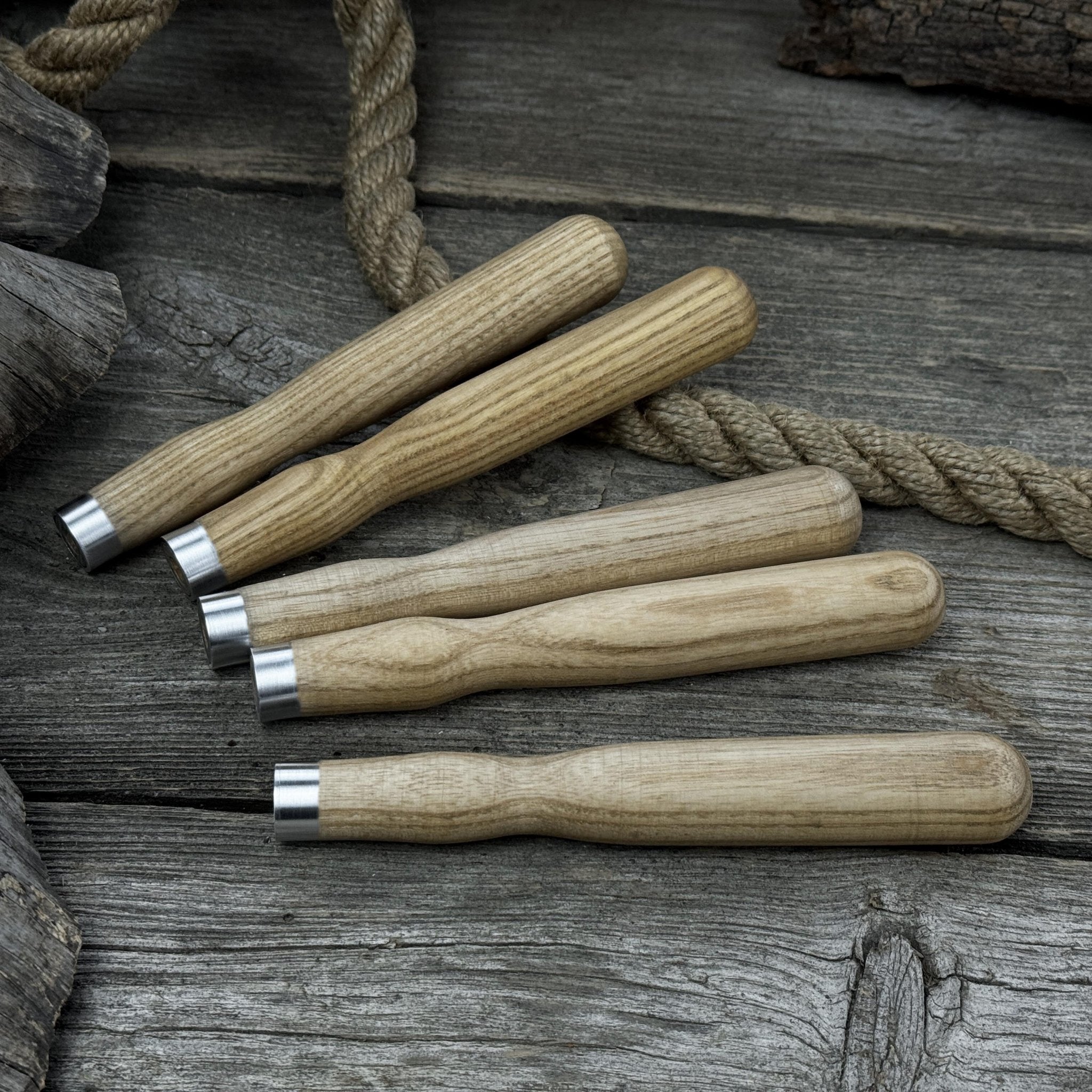 Set of 5 Ash Wood Handles for Chisels and Gouges with Aluminum Rings - Randy's LLC