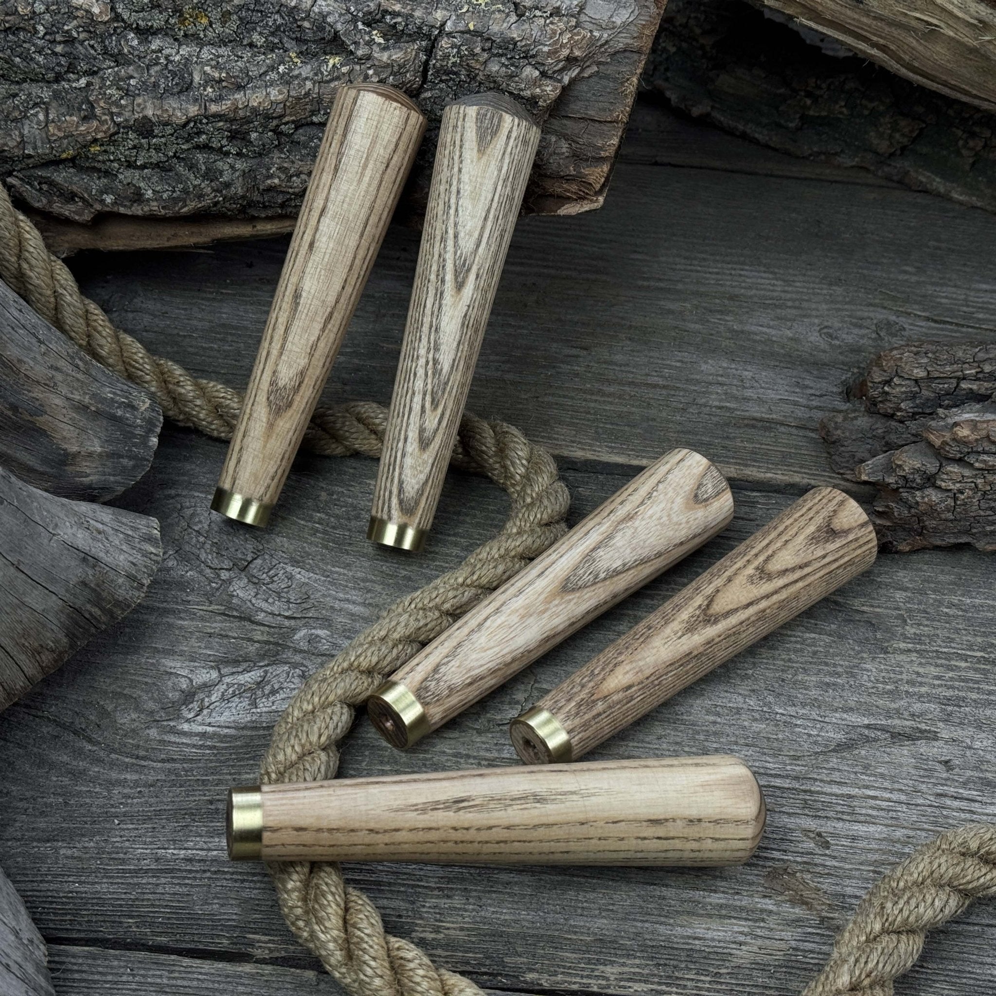 Set of 5 Tapered Ash Wood Handles with Brass Rings - Randy's LLC
